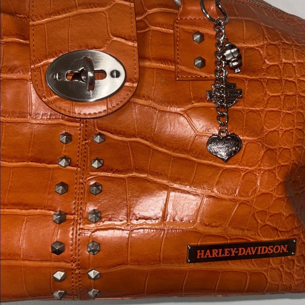 Harley-Davidson Y2K Orange Crocodile Print Genuine Leather Slouchy Bag Handbag - Picture 3 of 7